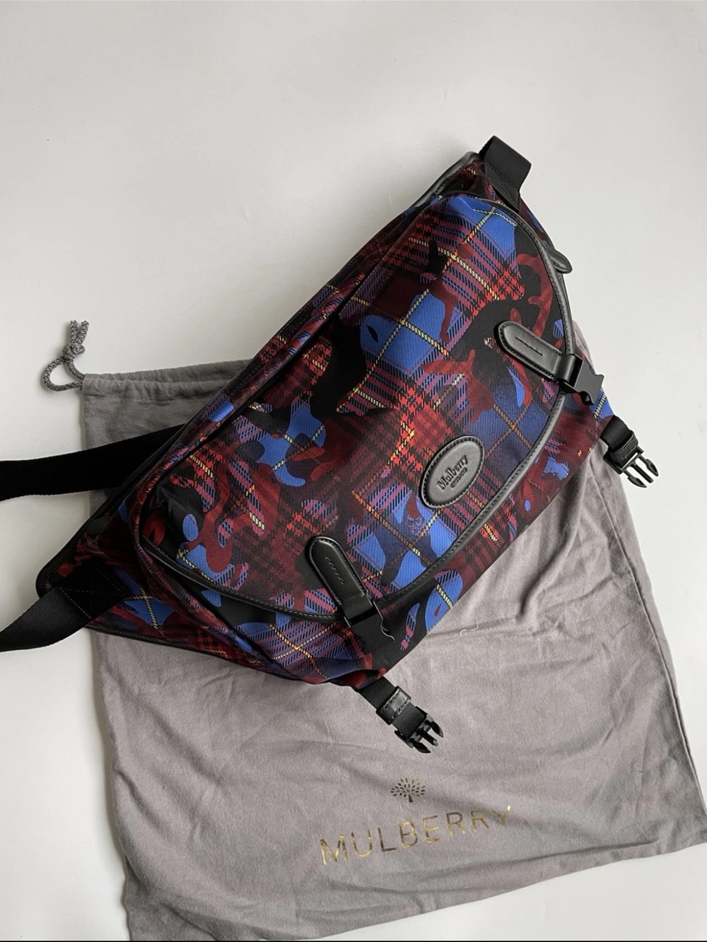 Mulberry Red & Blue Plaid Belt Bag with Black Accents